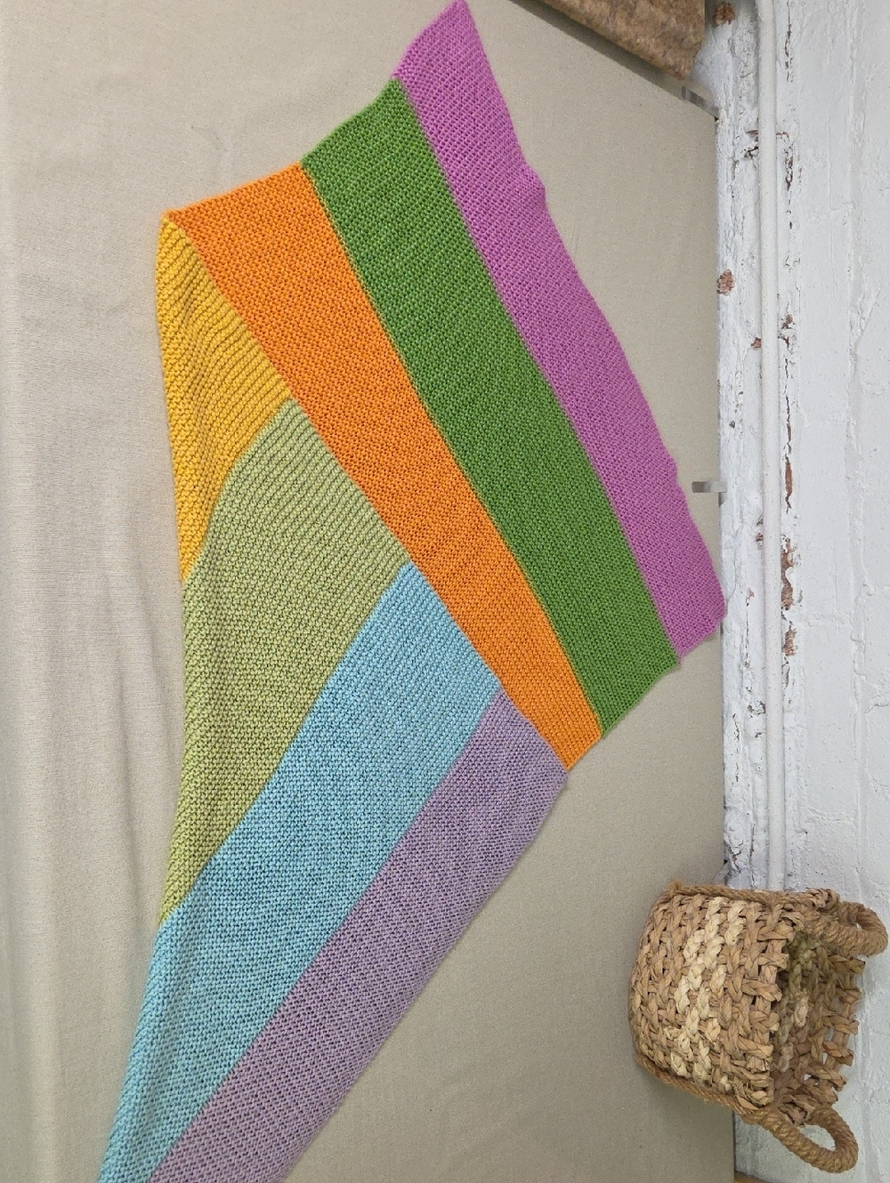 Colorblock Knit Shawl - Bright Multicolor Stripes Handmade